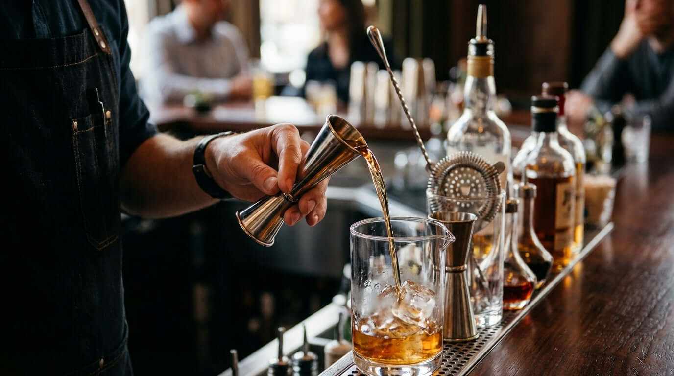 The Art of the Perfect Pour: Techniques for Using a Jigger Like a Pro bartender measuring and pouring whiskey with jigger into rocks glass