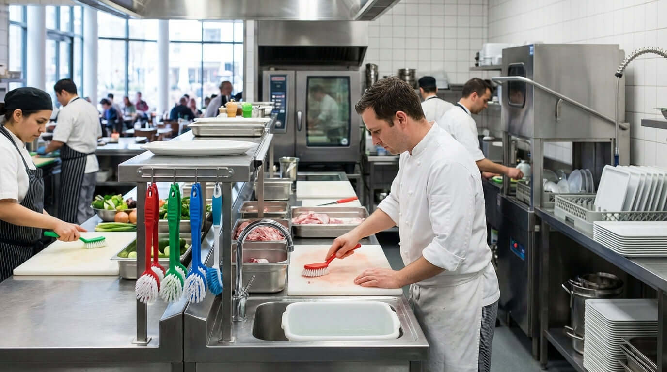 Beyond the Surface: How the Right Brushes Prevent Cross-Contamination and Foodborne Illness in a commercial kitchen with color-coded cleaning brushes