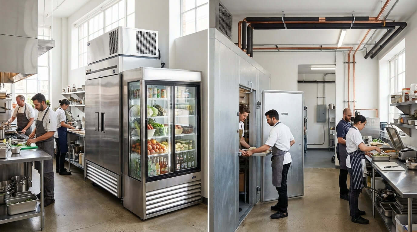 Self-Contained vs. Remote Refrigeration: Which is Right for Your Business? commercial kitchen walk-in cooler and glass door refrigerator