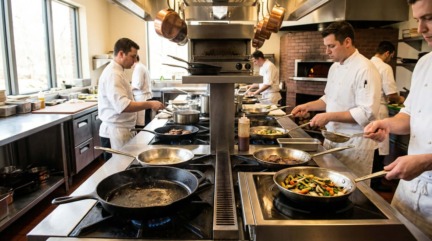 The Ultimate Buyers Guide: Choosing the Right Commercial Fry Pans for Your Restaurant in a busy professional kitchen with chefs cooking