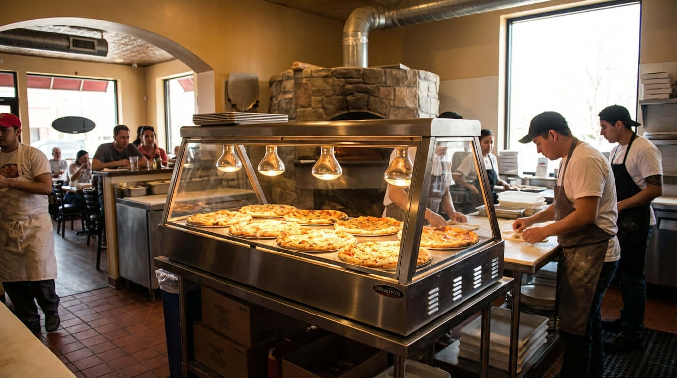 The Ultimate Buyers Guide: Choosing the Right Pizza Display Warmer in a pizzeria kitchen with heated display case holding fresh pizzas