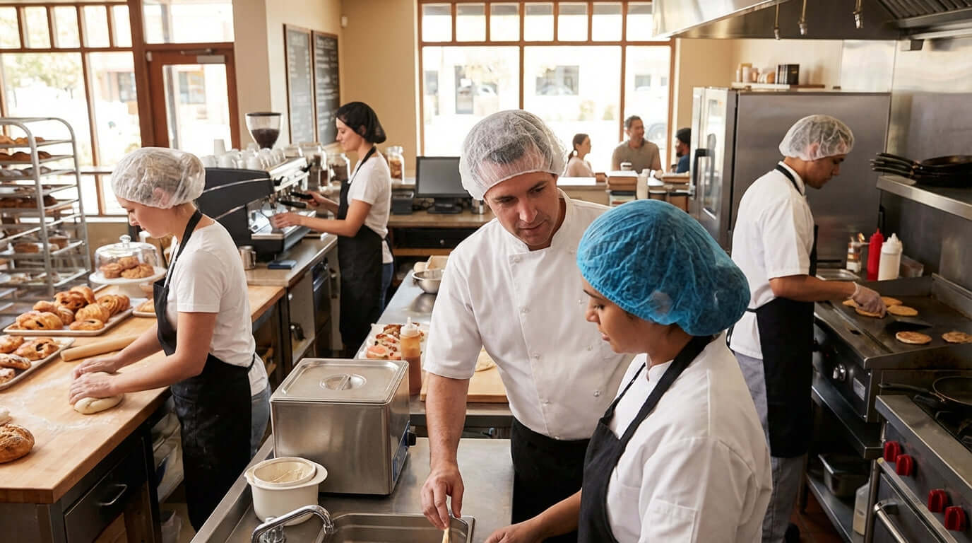 Decoding the Material: A Simple Guide to Nylon vs. Polypropylene Hairnets in busy commercial kitchen with staff wearing hairnets