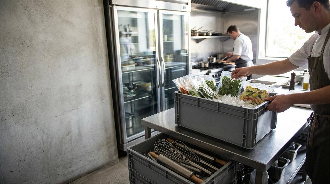 Beyond the Butcher Shop: 7 Unexpected Uses for Heavy-Duty Tote Boxes - chefs loading vegetables into heavy-duty tote box in commercial kitchen