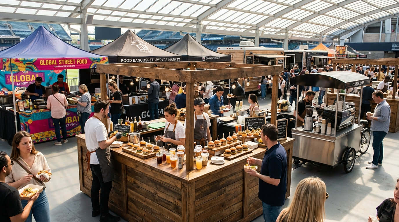 Beyond the Basics: Creative Concession Marketing Ideas to Boost Sales at busy stadium food market with concession stands, vendors serving snacks and drinks