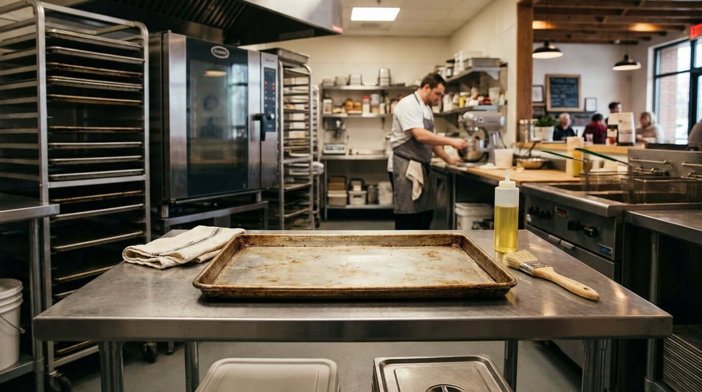 The Ultimate Guide to Seasoning and Maintaining Your Professional Baking Pans in a commercial kitchen with sheet pan and chef prepping