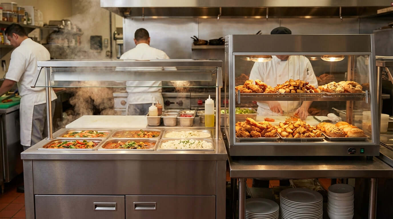 Wet vs. Dry Steam Tables: Which is Right for Your Business? cafeteria steam table food warmer with chefs serving hot buffet dishes