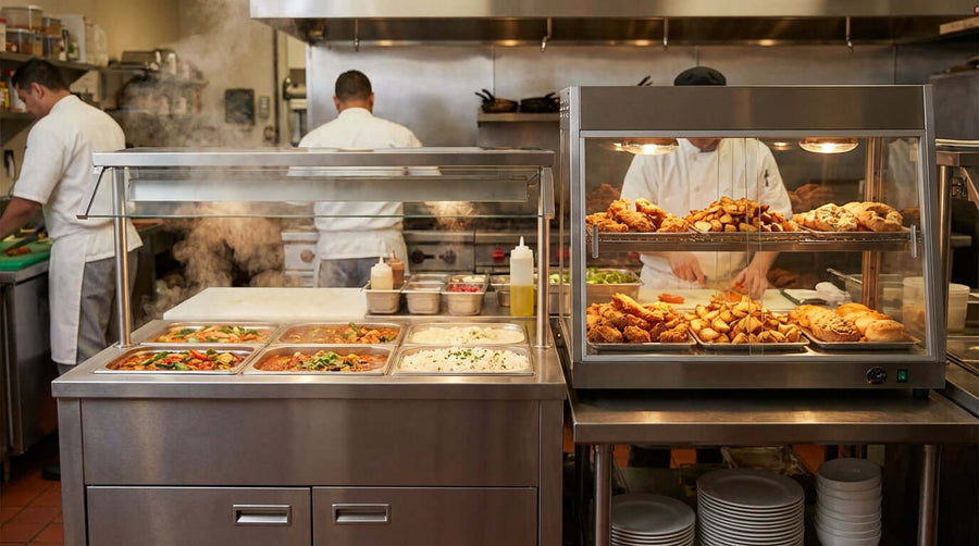 Wet vs. Dry Steam Tables: Which is Right for Your Business? cafeteria steam table food warmer with chefs serving hot buffet dishes