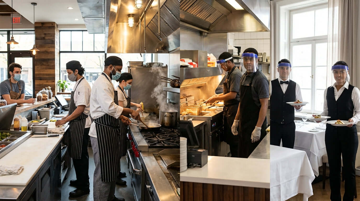 Masks vs. Face Shields: Whats Best for Your Restaurant Staff? restaurant staff wearing masks and face shields in kitchen and dining room