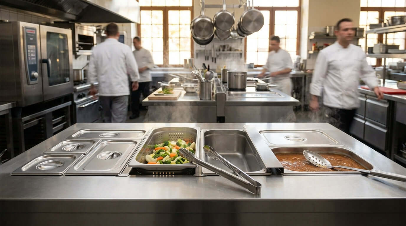 5 Must-Have Steam Table Accessories Every Caterer Needs in a busy commercial kitchen with steam table pans, lids, tongs and prepared food