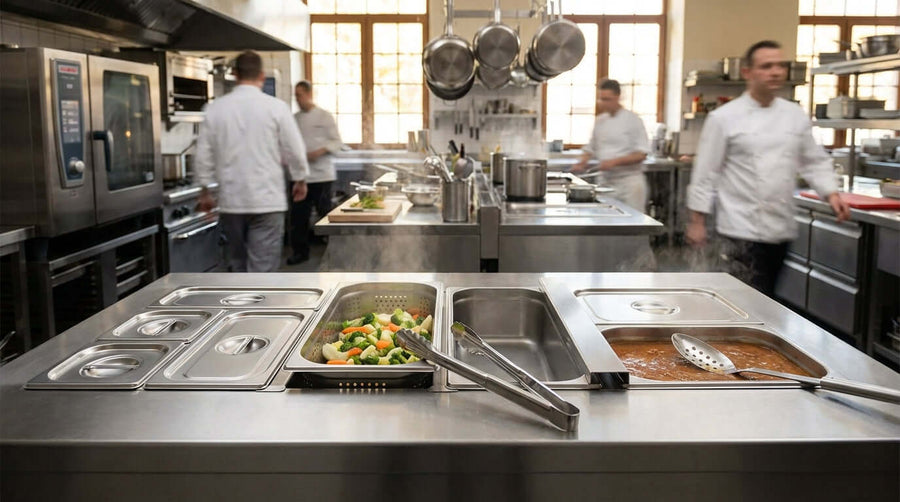 5 Must-Have Steam Table Accessories Every Caterer Needs in a busy commercial kitchen with steam table pans, lids, tongs and prepared food