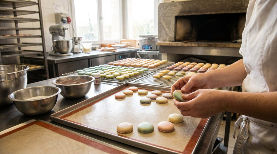 Alt Tag: The Secret to Perfect Macarons: Why a Silicone Mat is Essential - baker placing macarons on silicone mat on baking tray in kitchen