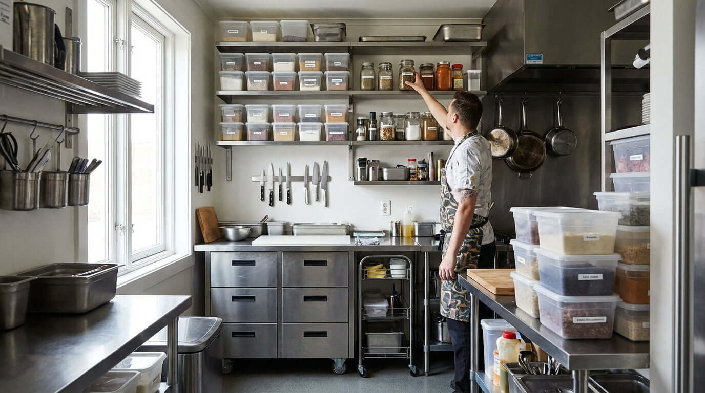 Small Kitchen, Big Impact: Maximizing Space with Smart Ingredient Storage Solutions with chef organizing labeled containers on shelves