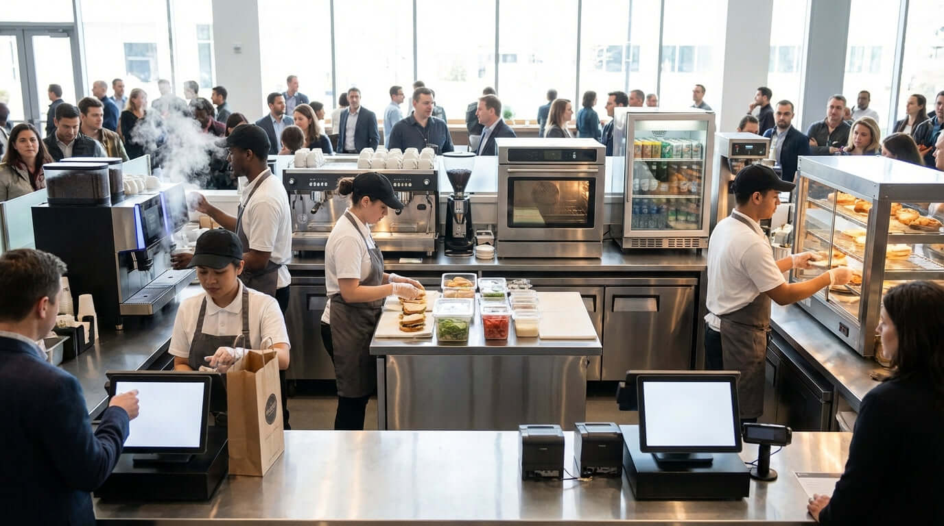 efficient concession stand workflow tips in a busy cafeteria-style concession counter with staff prepping food and serving a large crowd
