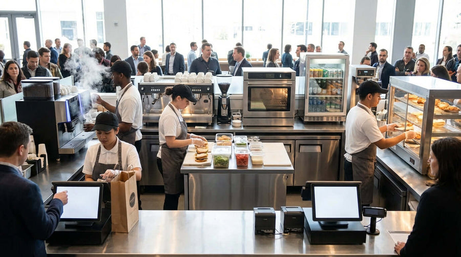 efficient concession stand workflow tips in a busy cafeteria-style concession counter with staff prepping food and serving a large crowd