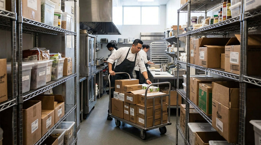 Maximizing Space: How U-Boat Carts Revolutionize Narrow-Aisle Stocking in warehouse aisle with worker pushing loaded U-boat cart