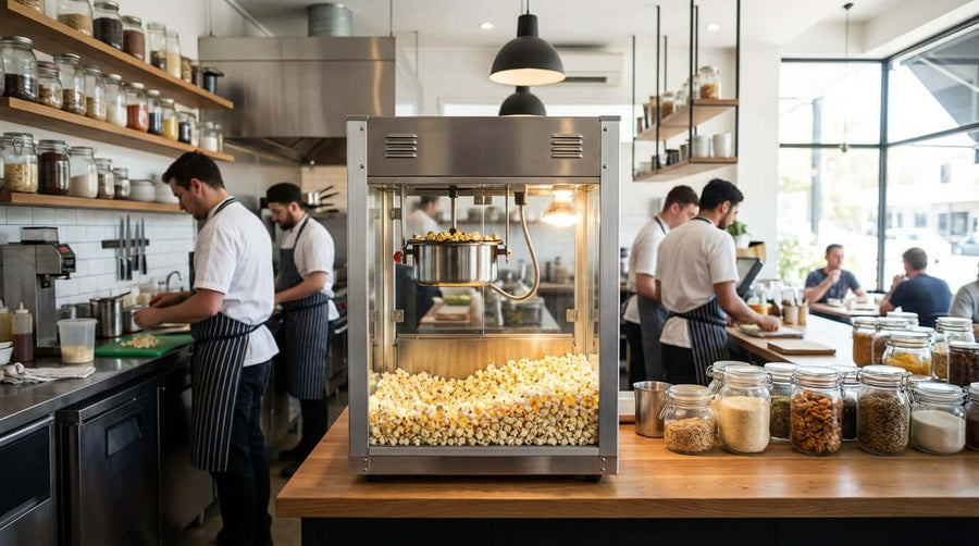 Choosing the Right Commercial Popcorn Machine for Your Venue in a busy café kitchen with staff prepping food and fresh popcorn in machine