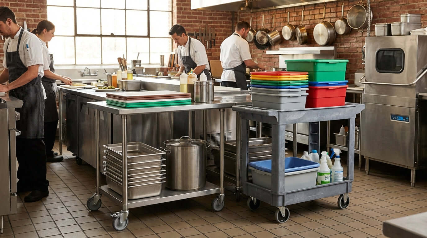Alt Tag: Steel vs. Plastic Carts: Which Material is Best for Your Needs? commercial kitchen staff using steel and plastic utility carts