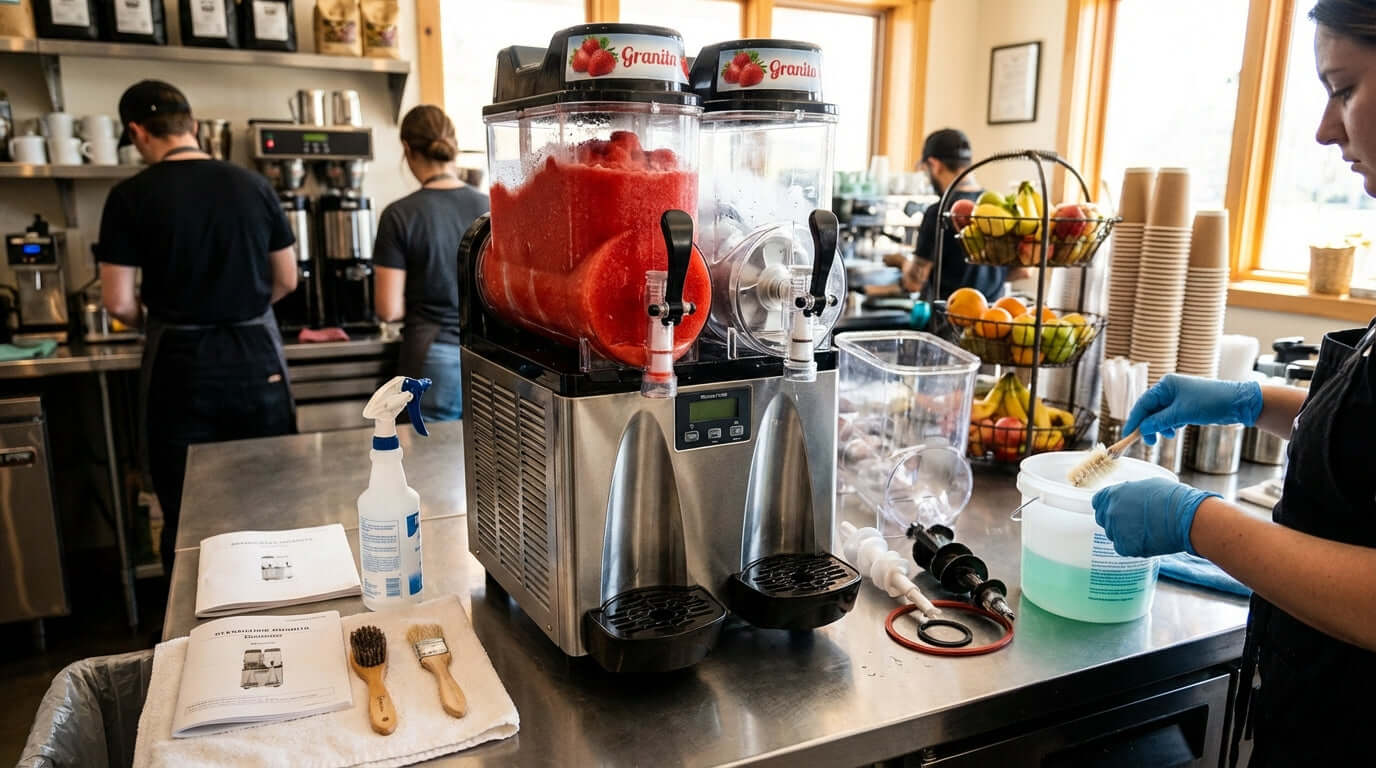 Alt Tag: Keep it Flowing: Your Essential Guide to Cleaning & Maintaining a Granita Machine with staff cleaning and sanitizing a slushie maker