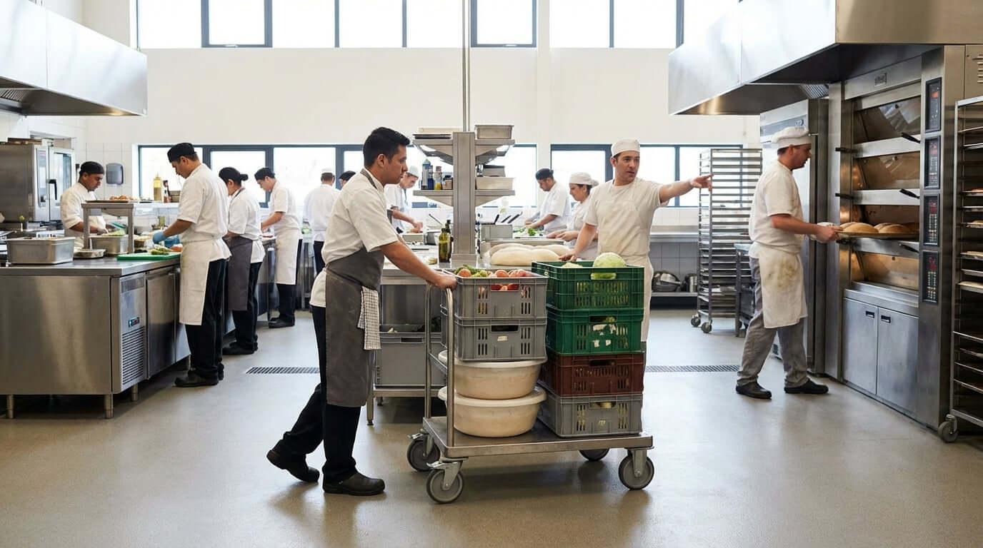 5 conseils de sécurité essentiels pour utiliser les chariots à plateforme au travail : le personnel de cuisine commerciale déplaçant en toute sécurité un chariot à plateforme chargé