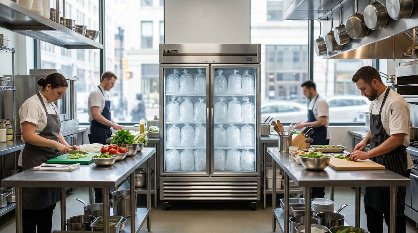 The Ultimate Buyers Guide: Choosing the Perfect Indoor Ice Merchandiser in commercial kitchen with staff prepping food beside stocked ice freezer
