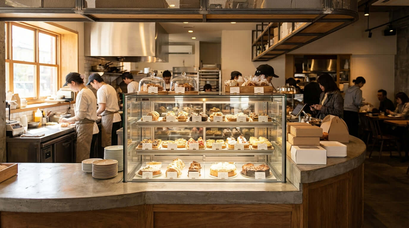 The Ultimate Buyers Guide: Choosing the Perfect Refrigerated Pastry Case in a busy bakery cafe with illuminated dessert display case