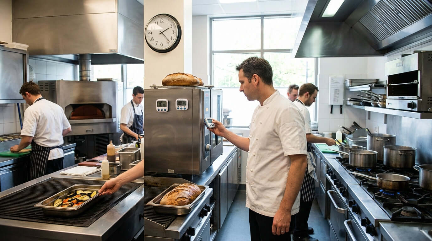 From Burnt to Perfect: How Precision Timing Prevents Common Kitchen Mistakes—chef in commercial kitchen checking timer near ovens and stovetop