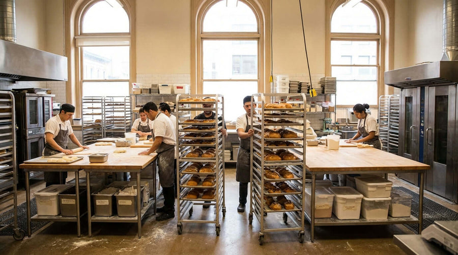 Alt Tag: The Ultimate Buyers Guide: Choosing the Perfect Bun Pan Truck in commercial bakery kitchen with rolling pan racks