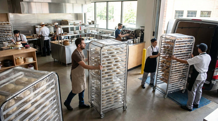 From Proofing to Transport: Maximizing Efficiency with Covered Pan Racks as bakery staff move covered pan racks of trays for prep and delivery