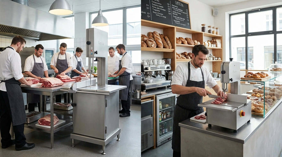 Floor Model vs. Tabletop: Which Meat Saw is Right for Your Business? butcher shop staff using floor model and tabletop meat saws