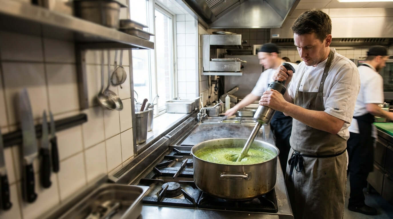 5 Time-Saving Hacks Using Your Restaurants Immersion Blender: chef using commercial immersion blender to puree soup in large stockpot