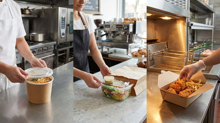 Hot, Cold, and Crispy: Matching the Perfect To-Go Container to Your Menu. chefs packing hot soup, cold salad and crispy fried chicken in to-go containers