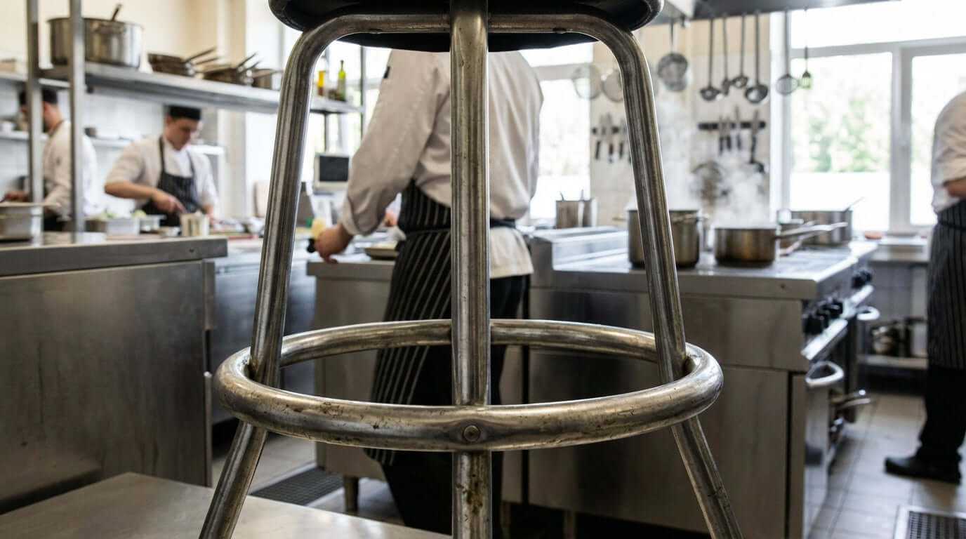 Why Investing in Heavy-Duty Footrest Rings Saves You Money in the Long Run - heavy-duty metal footrest ring on kitchen stool in busy restaurant