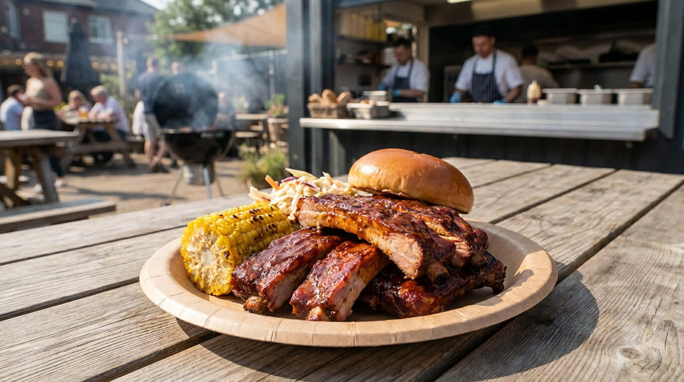 Alt Tag: The Ultimate Guide to Heavy-Duty Paper Plates: No More Soggy Meals! BBQ plate with ribs, burger and corn at outdoor cookout