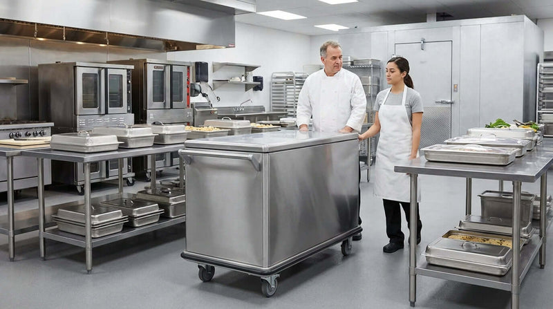 HACCP compliant banquet carts in a commercial kitchen with chefs inspecting a stainless steel insulated food transport cart