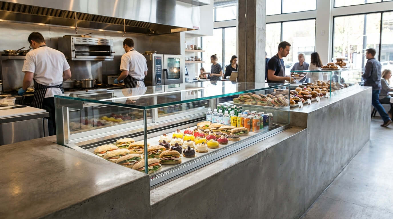 The Ultimate Guide to Choosing the Perfect Drop-In Refrigerated Showcase in modern cafe with glass display case of pastries and drinks