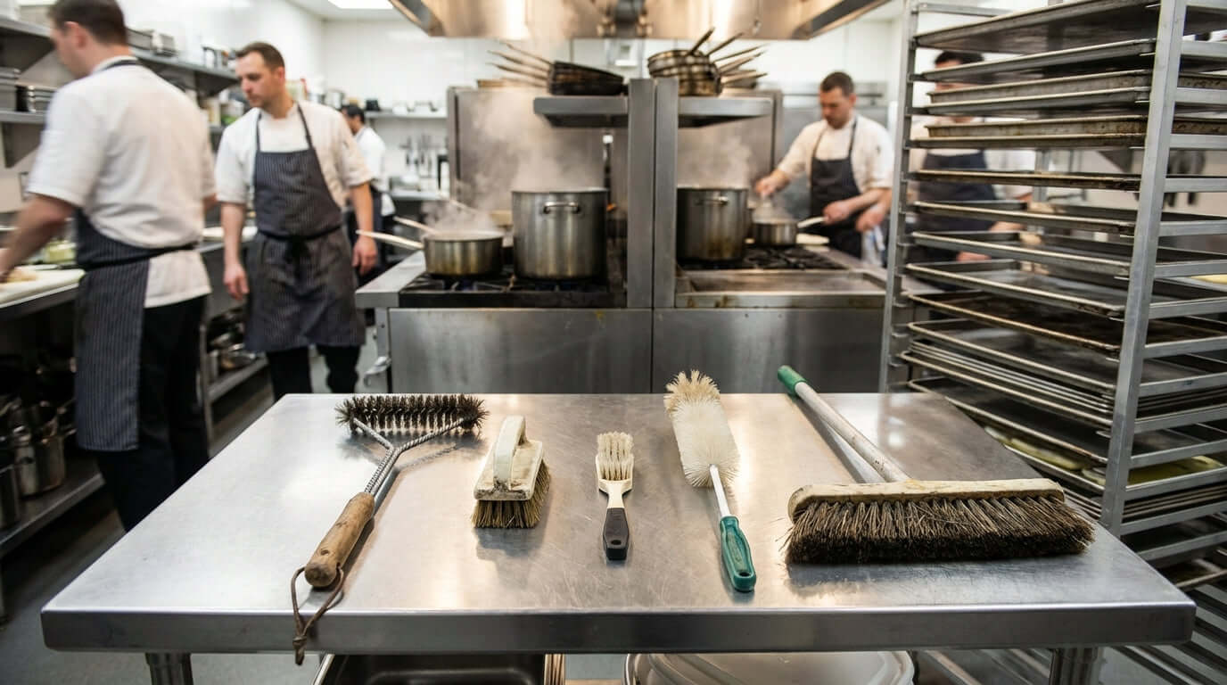 Alt Tag: Choosing Your Arsenal: The 5 Must-Have Cleaning Brushes for Every Restaurant – restaurant kitchen staff with essential cleaning brushes on stainless prep table
