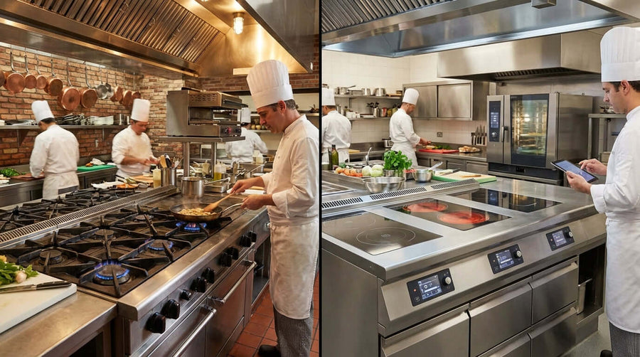 Gas vs. Electric: Which Commercial Range is Right for Your Restaurant? chefs cooking on gas range and using electric induction range in commercial kitchen