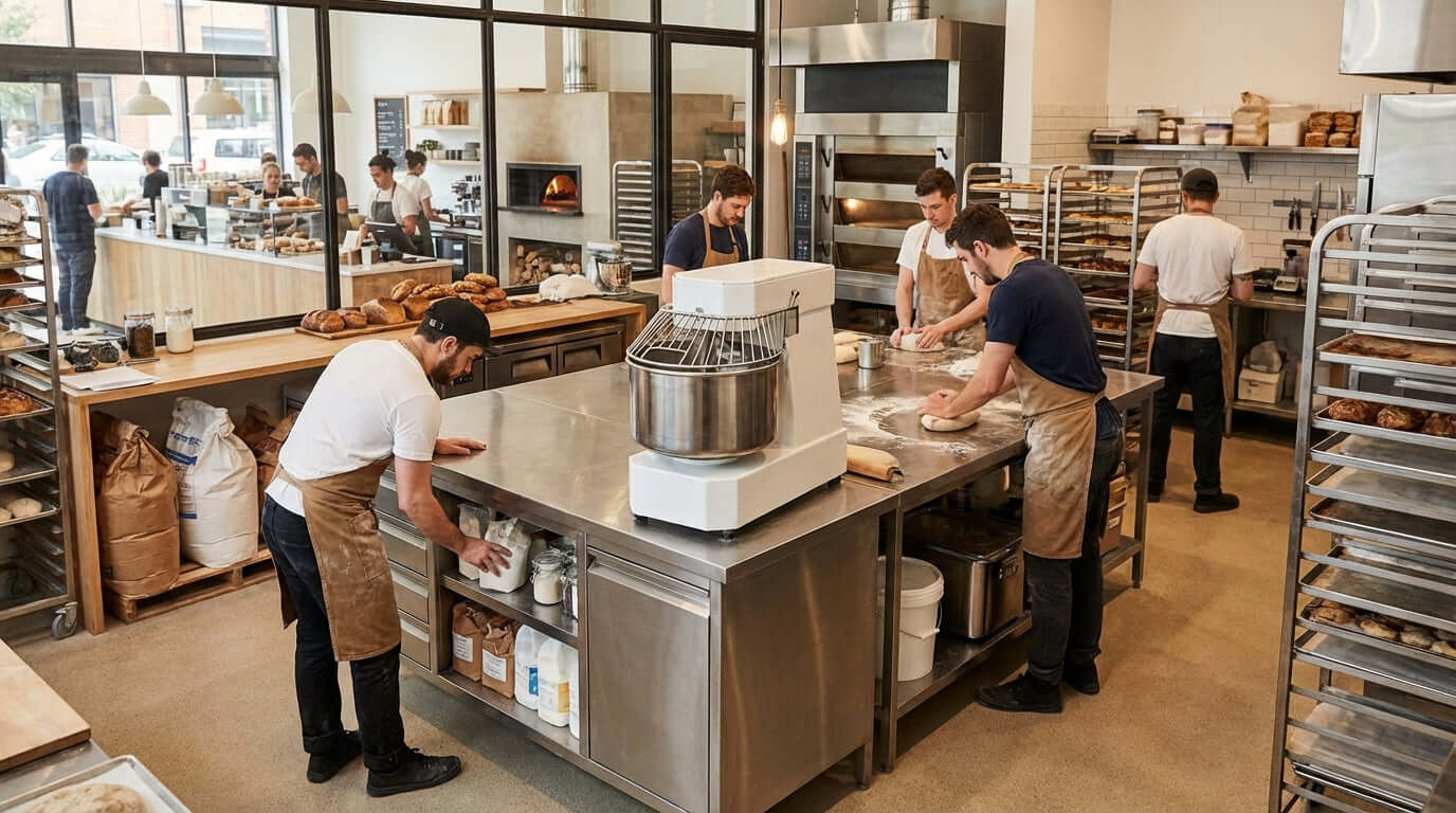 5 Ways Mixer Tables Maximize Space and Efficiency in Your Bakery: bakers working around a stainless steel mixer table in a commercial bakery