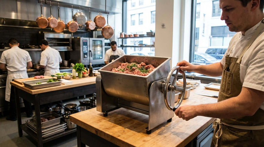 5 Reasons Your Kitchen Needs a Manual Meat Mixer - chef using manual meat mixer to blend ground meat in a commercial kitchen
