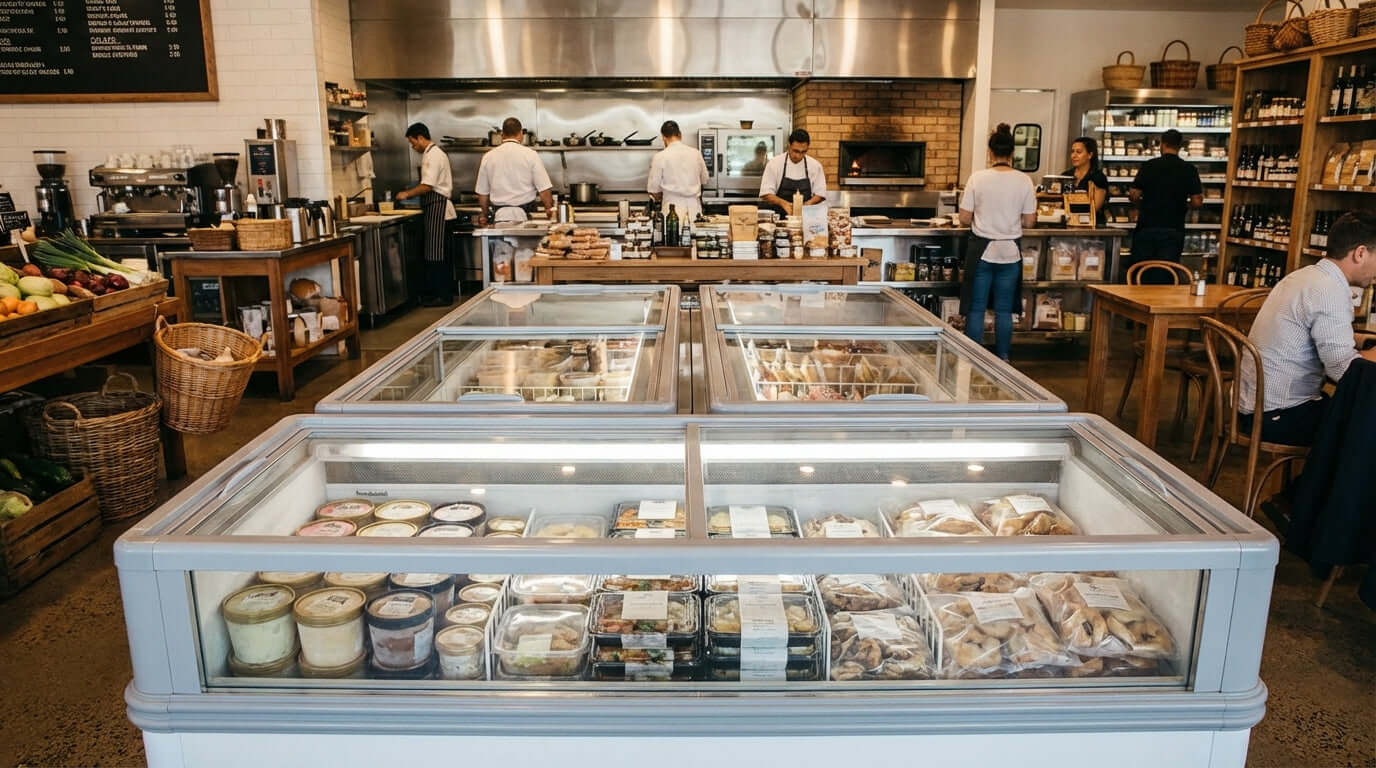 The Ultimate Buyers Guide to Commercial Island Freezers in busy deli with glass-top island freezer displaying packaged frozen foods