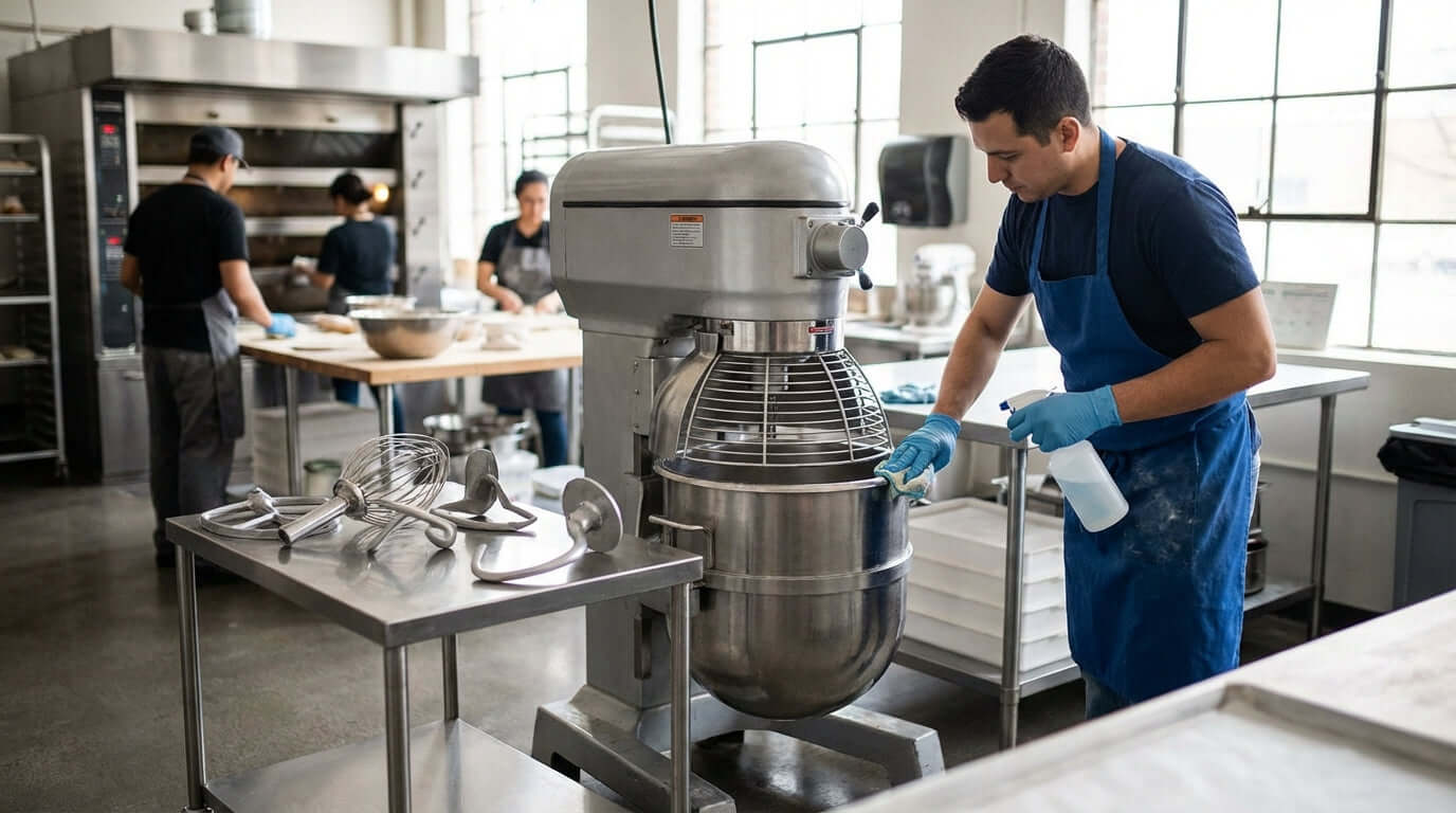 5 Essential Maintenance Tips to Extend the Life of Your Commercial Mixer - worker cleaning commercial mixer in busy bakery kitchen