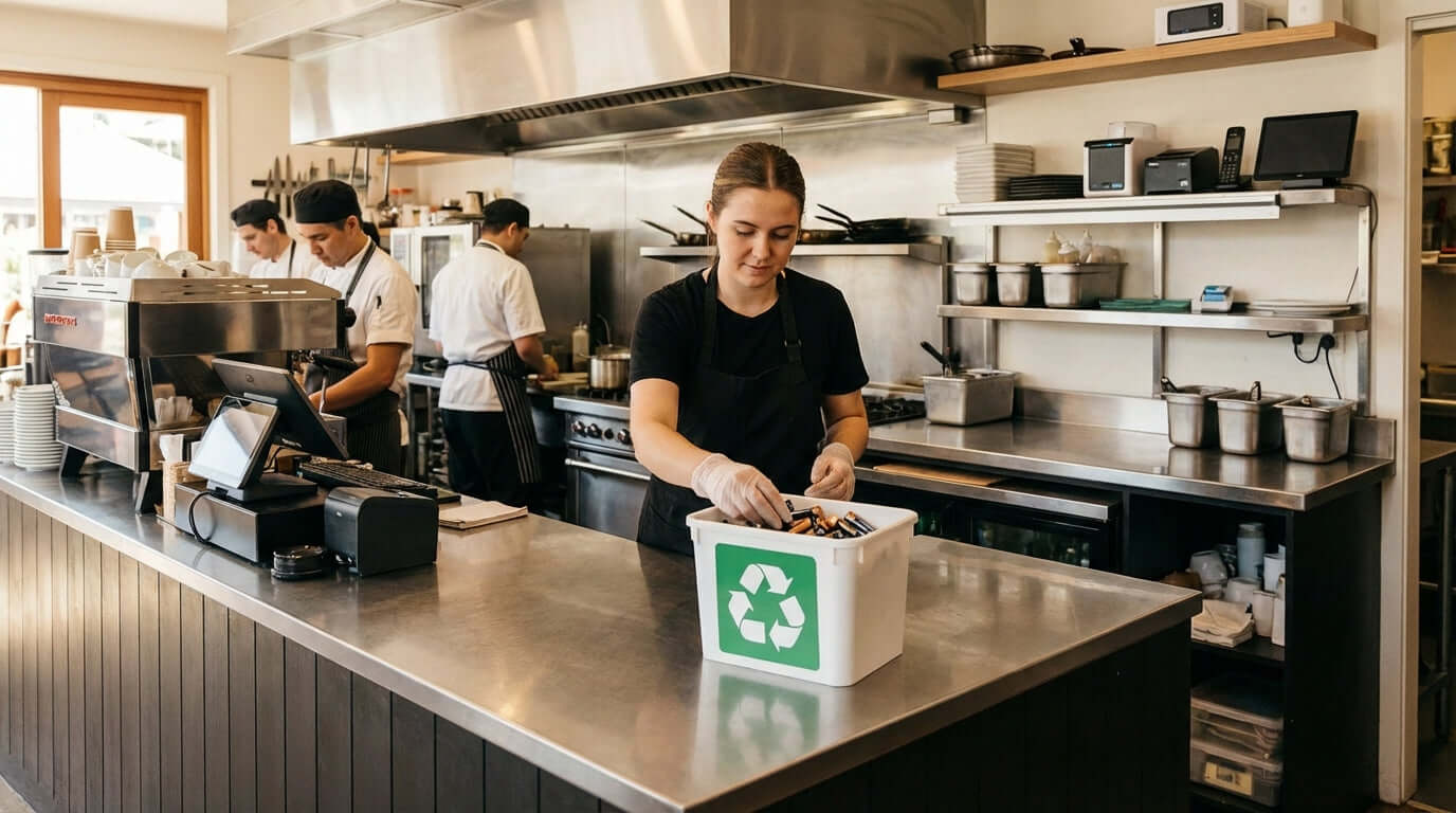 5 Reasons Your Restaurant or Retail Store Needs a Battery Recycling Program: restaurant staff placing used batteries in recycling bin