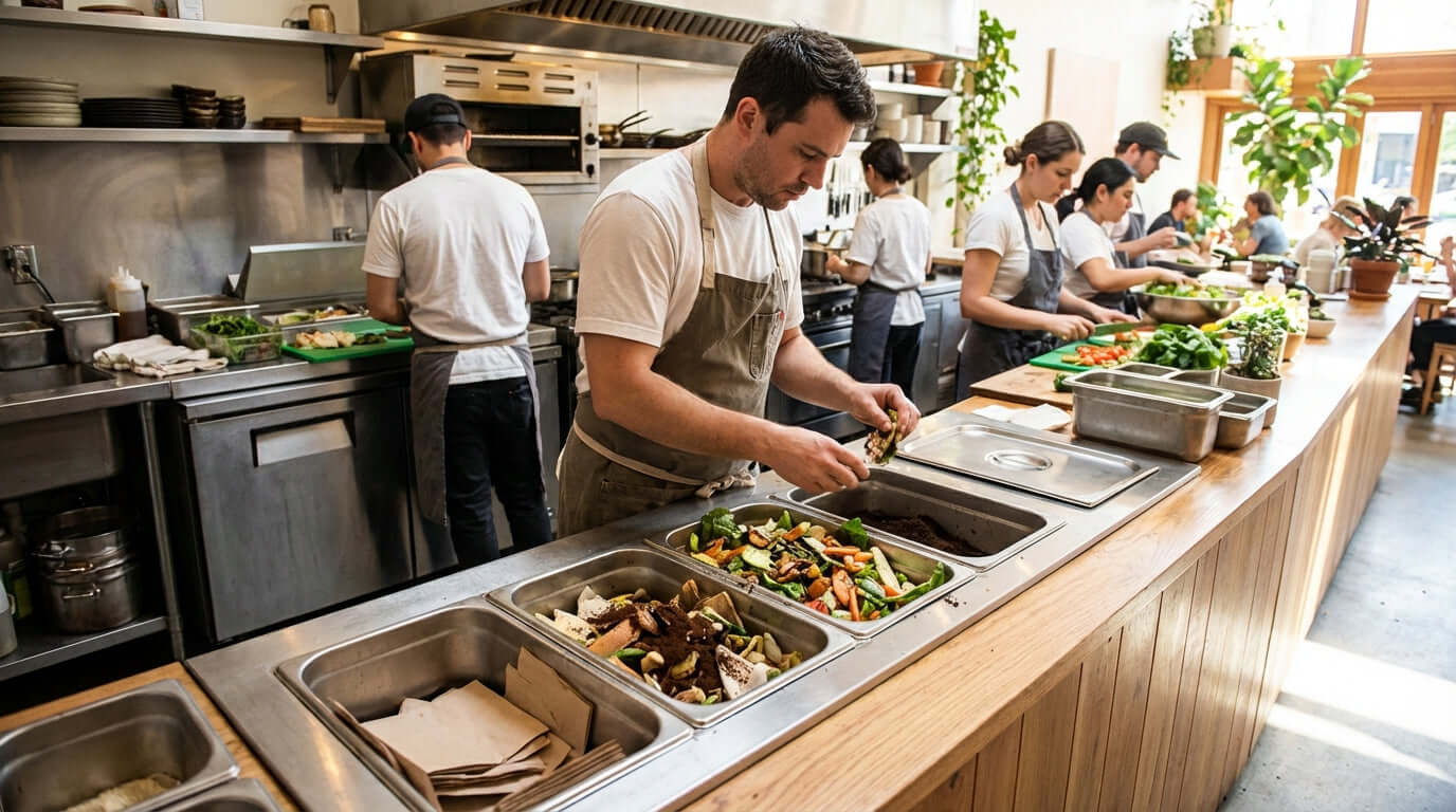 Marketing Your Green Credentials: Turn a Simple Bin into a Brand Booster in busy restaurant kitchen prepping food beside compost and recycling bins