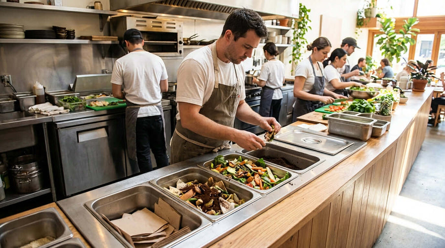Marketing Your Green Credentials: Turn a Simple Bin into a Brand Booster in busy restaurant kitchen prepping food beside compost and recycling bins