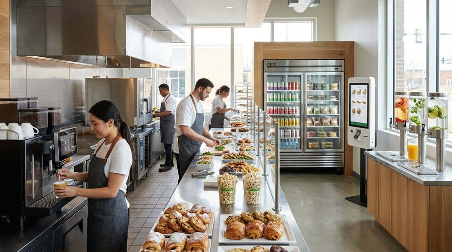 Top 5 Beverage & Concession Trends to Watch This Year in modern venue concession kitchen with staff prepping pastries, snacks, and drinks