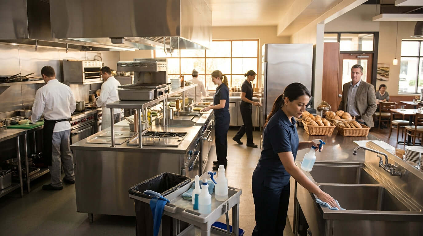 5 Common Bathroom Odor Myths Debunked for Business Owners: restaurant staff cleaning commercial kitchen sink and prep area to prevent odors