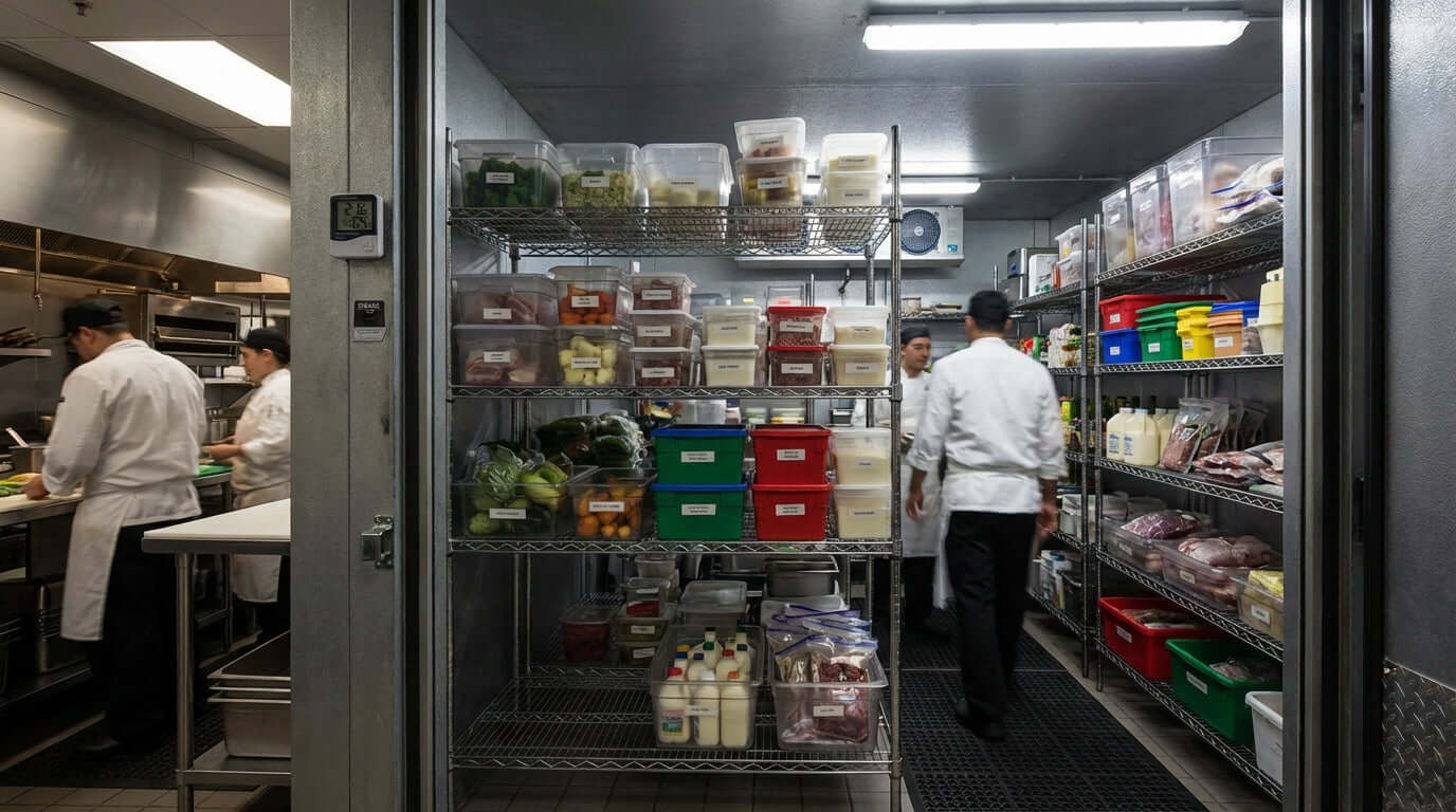 Maximize Your Cold Storage: A Guide to Organizing Your Walk-In Cooler with labeled bins and shelves in a busy restaurant walk-in cooler