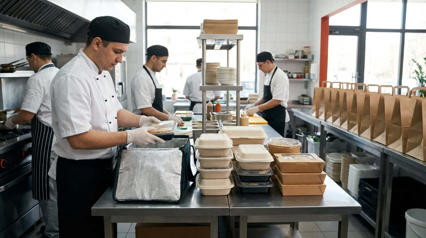 Packaging for Profit: Optimizing Your Containers for Food Delivery Services - chefs packing meals in takeout containers for delivery orders