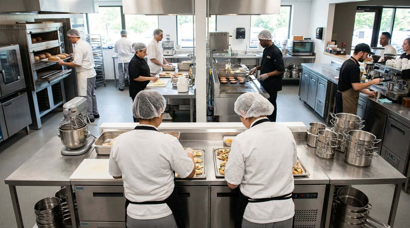 Hairnet vs. Bouffant Cap: Which is Right for Your Kitchen Staff? commercial kitchen staff wearing hairnets prepping food at stainless workstations