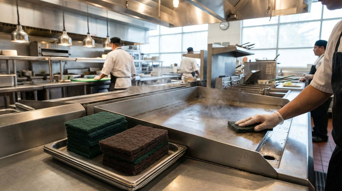 5 Pro Tips for a Spotless Commercial Grill: Choosing the Right Scouring Pads - chef cleaning flat-top grill with scouring pads